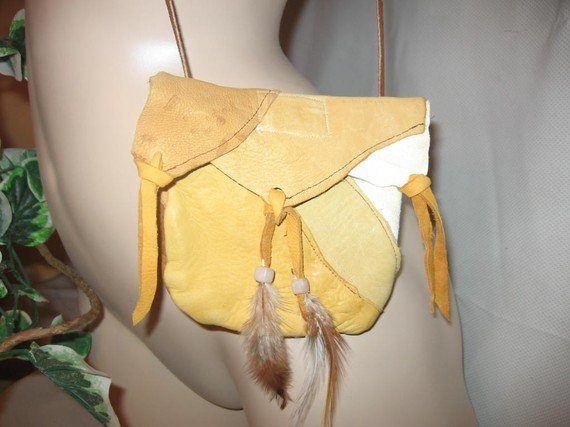 LEATHER Boho Bag Deer Skin FEATHER and BEAD Trim DESERT MOUNTAINS
