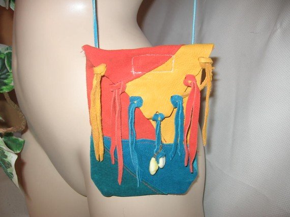 LEATHER Boho Bag Deer Skin FEATHER and BEAD Trim SUNSET BEACH