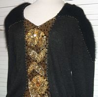 Black Knit Sweater Angora Sleeves Gold Glitter .... FREE SHIPPING!
