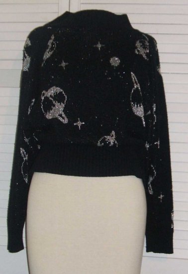 Black Knit Sweater Silver Metallique Planets Saturn Intro Size L Large w/ FREE SHIPPING