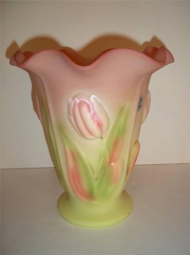 Fenton Glass BURMESE HP TULIP VASE QVC Exclusive Shelley Signed INDIANA