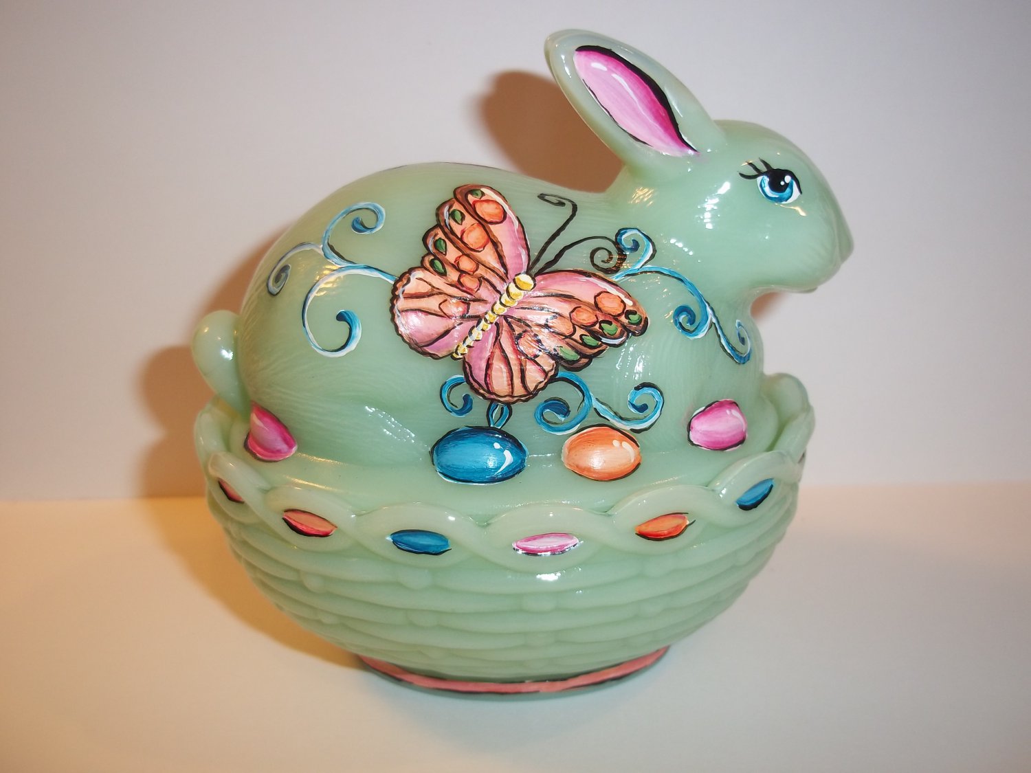 Mosser Glass Jadeite Green HP Easter Bunny Box Dish by Fenton Artist Sunday Davis OOAK