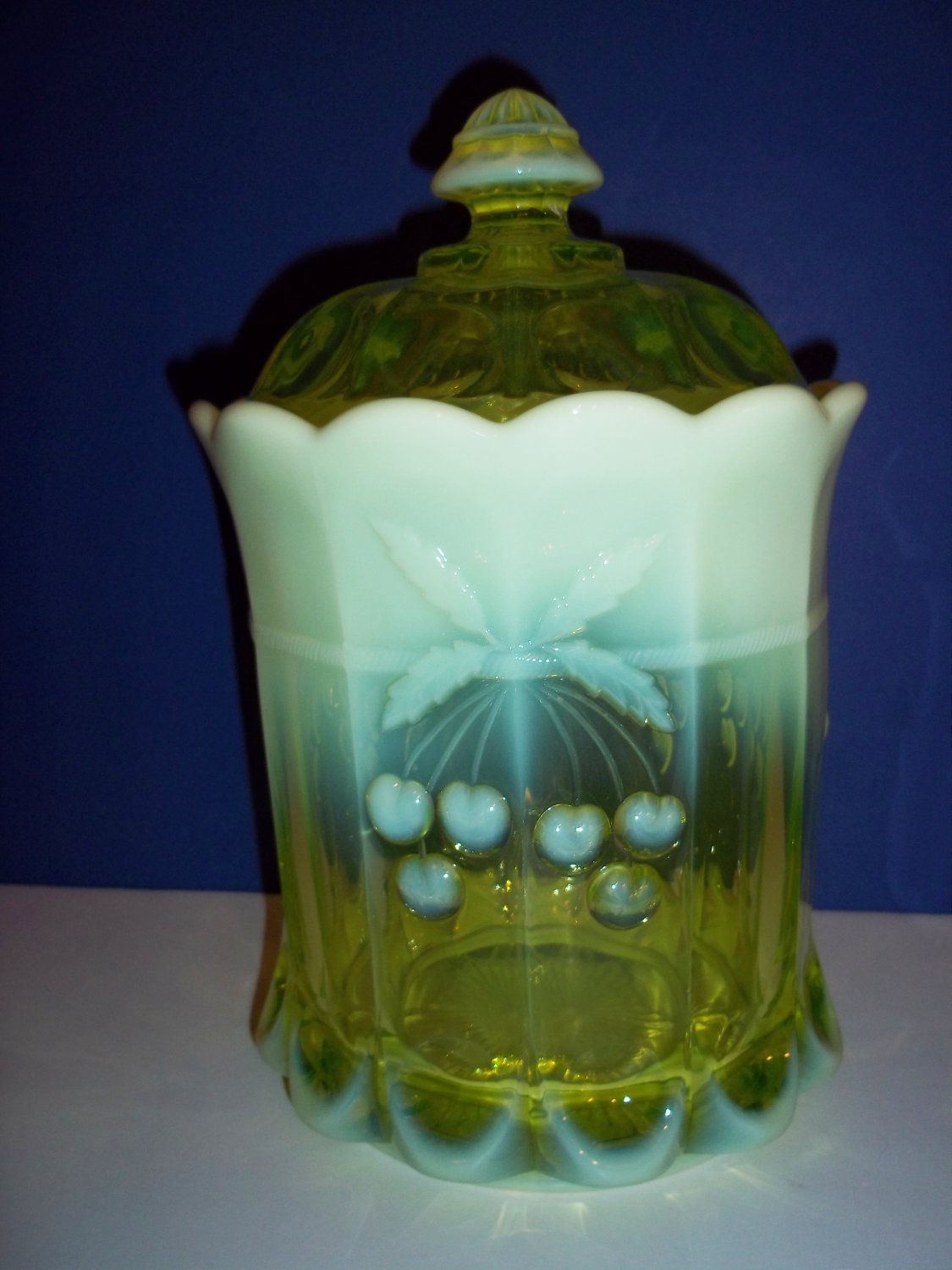 Mosser Glass VASELINE OPALESCENT CHERRY Pattern TOBACCO COOKIE CRACKER JAR
