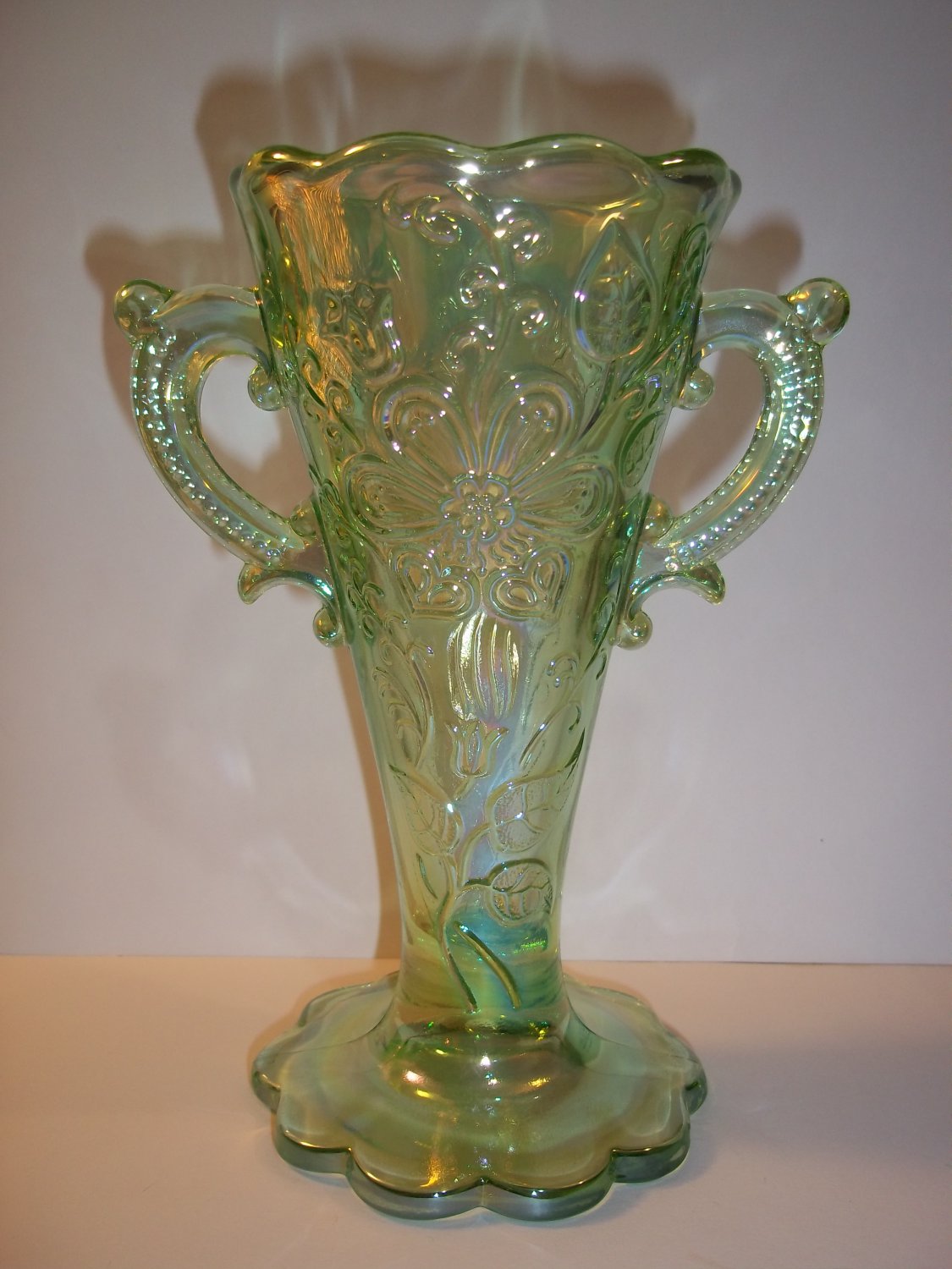 Mosser Glass Peridot Green Carnival Mary Ann Two Handled Bud Vase Dugan Mold New