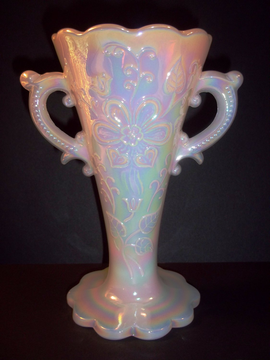 Mosser Glass Milk White Carnival Mary Ann Two Handled Bud Vase Dugan Mold New