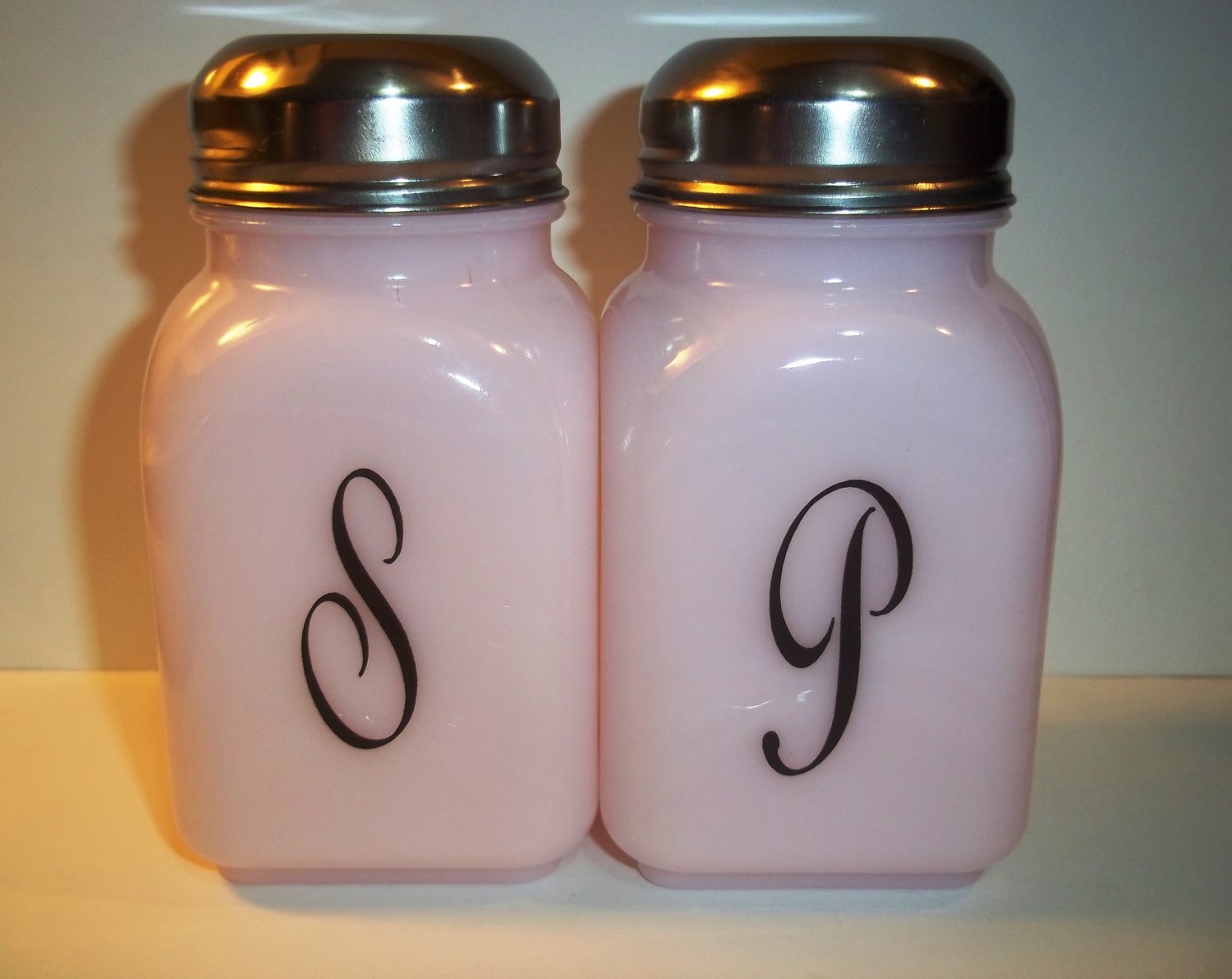 Mosser Glass Pink Milk Retro Vintage Style Monogrammed Salt & Pepper
