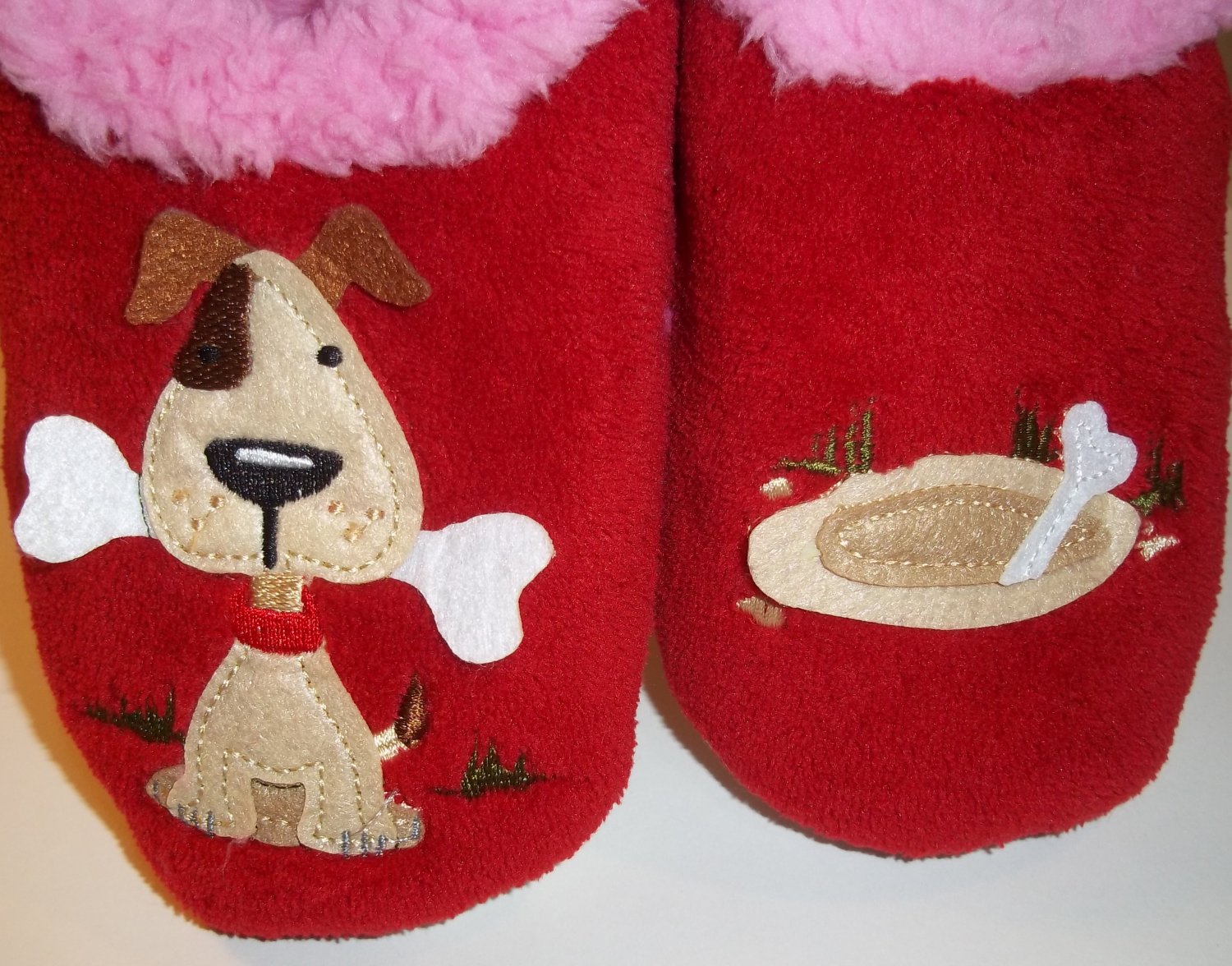 Snoozies Splitz Design Red Pink Puppy Dog Bone Animal Slippers Womens Size L 9-10