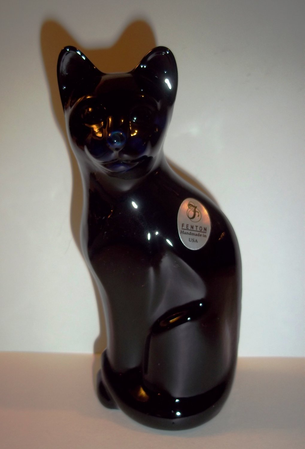 Fenton Art Glass Black With A Touch Of Hyacinth Stylized Cat Figurine