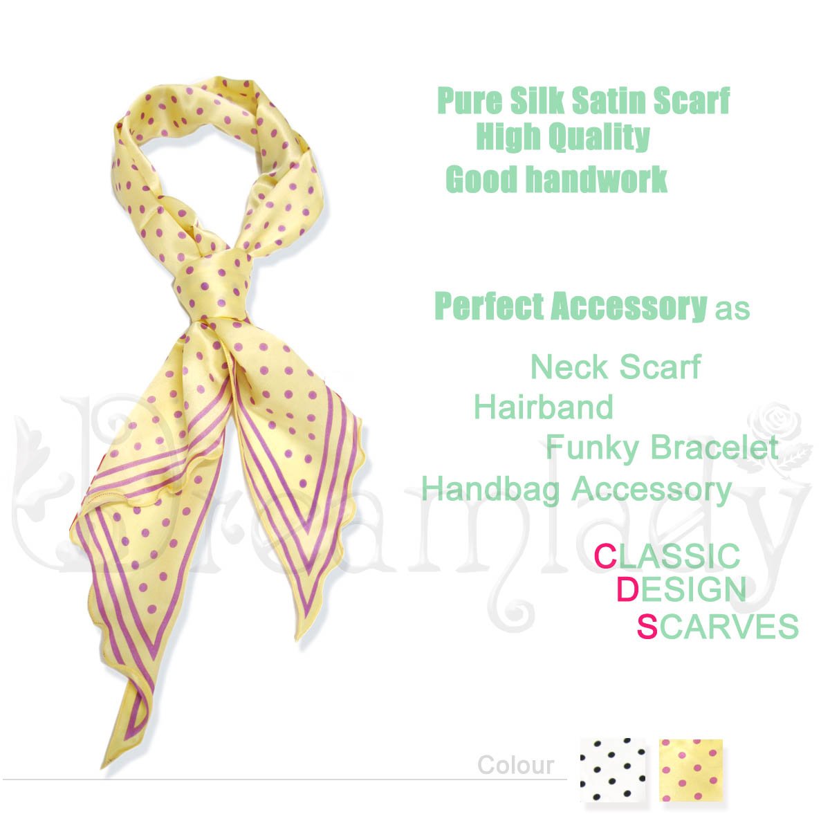 Sexy Yellow/Purple POLKA-DOT Long SILK Head Scarf-BNWT