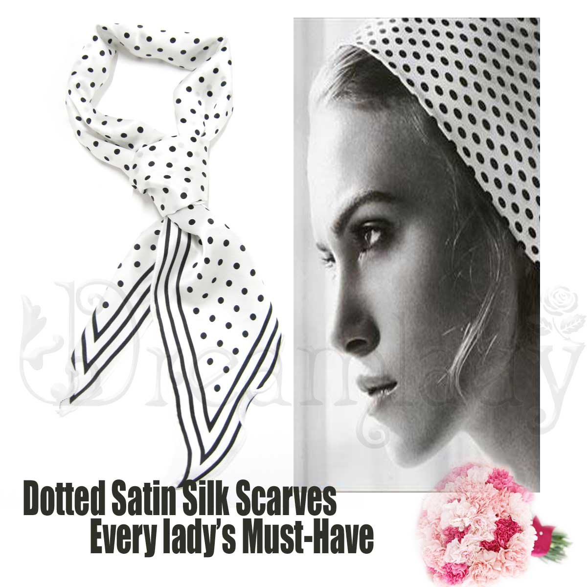 Vtg Sexy Black/White POLKA-DOT long SILK dress SCARF