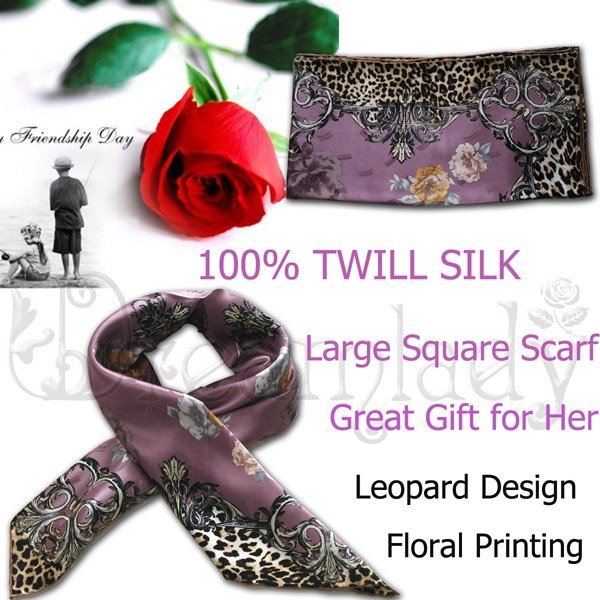 Beautiful Floral Leopard Large Square Twill Silk Scarf in Light Purple
