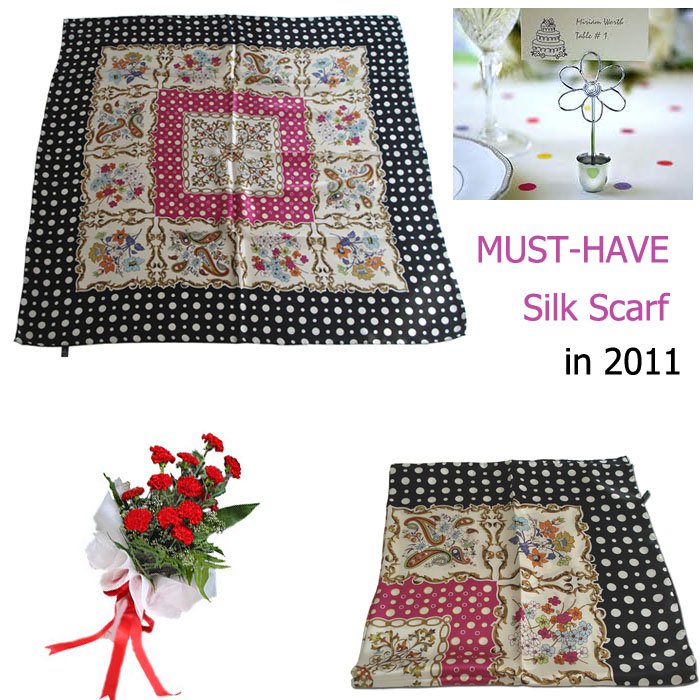 Beautiful Colorful Polka Dot Floral 100% Pure Twill Silk Large Square Scarf