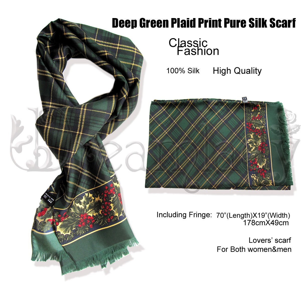 Fantastic Vintage Deep Green Unisex Plaid Print Pure Silk Scarf/Shawl