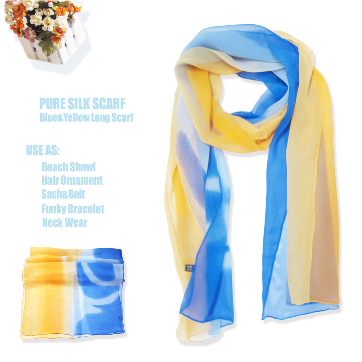 Sexy Yellow Dark/Light Blue Three-tone Long Silk Scarf