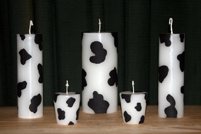 Cow Print Pillar Candles 5 Set. Triple scented wax
