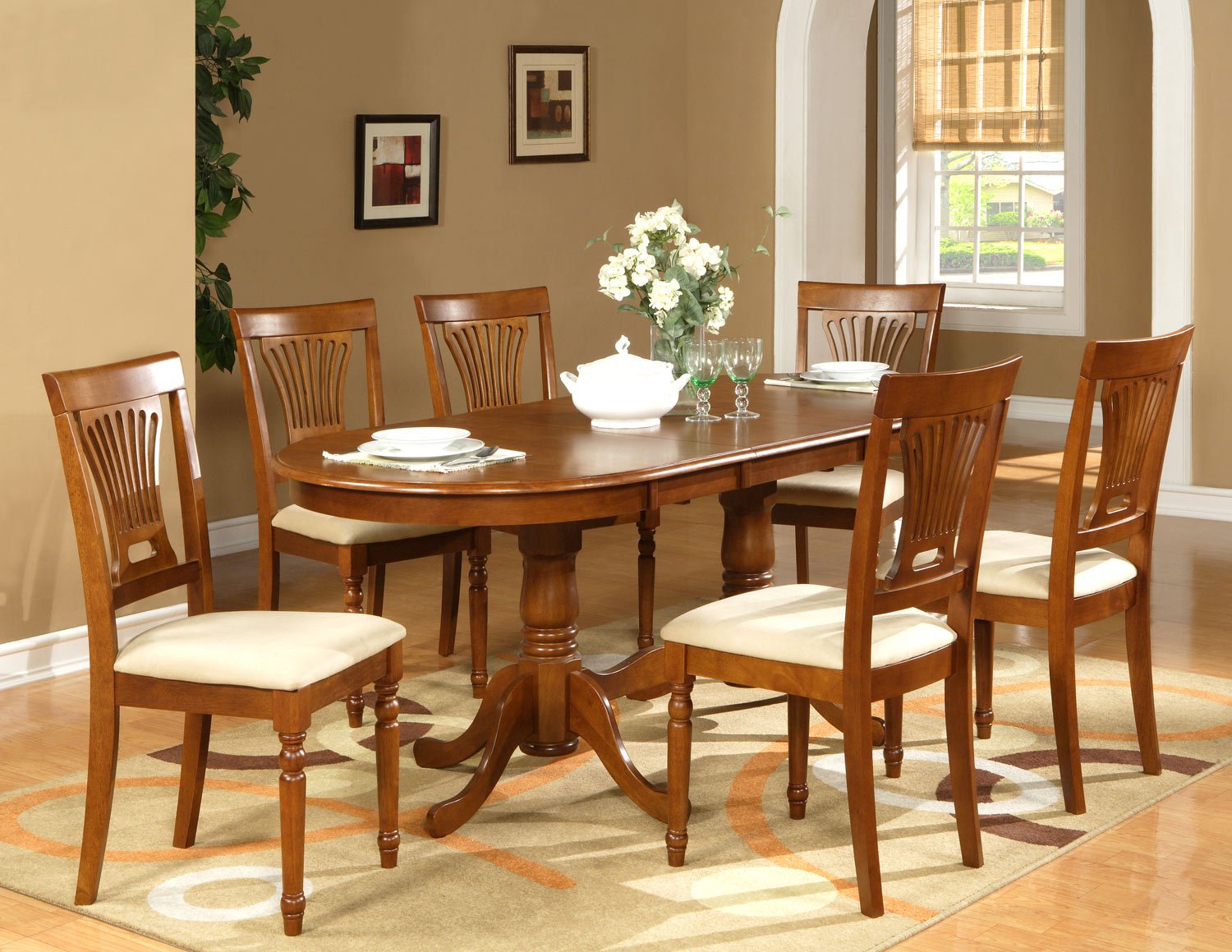 9-PC Plainfield Oval Dining Room Table Set + 8 Chairs - Size: 42"x78" in Saddle Brown. SKU: PL9-SBR