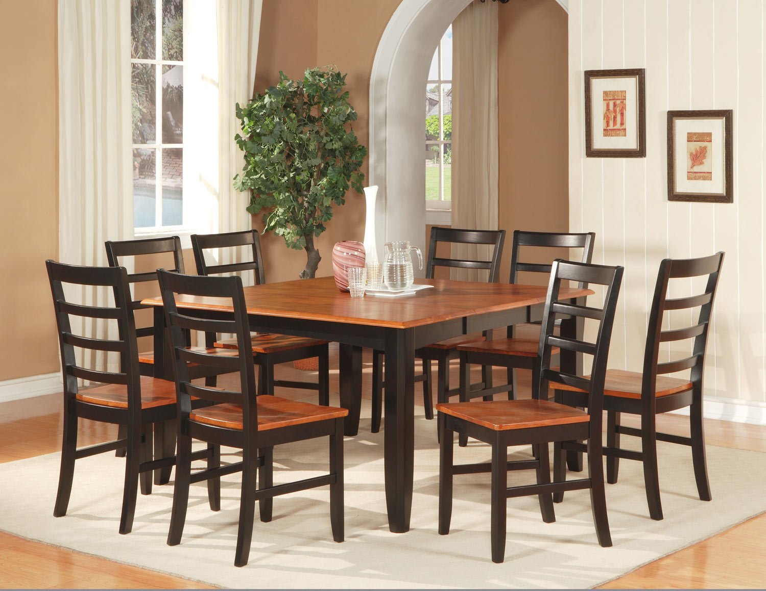 Parfait 7-Pc Square Gathering Dining Table Set-54"x54"-Extension leaf. SKU: PA7-BLK-W