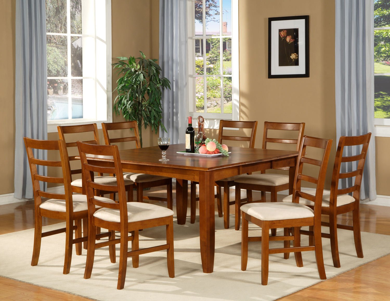 Parfait 5-Pc Square Gathering Dining Table Set-54"x54"-Extension leaf in Saddle Brown. SKU: PA5-SBR