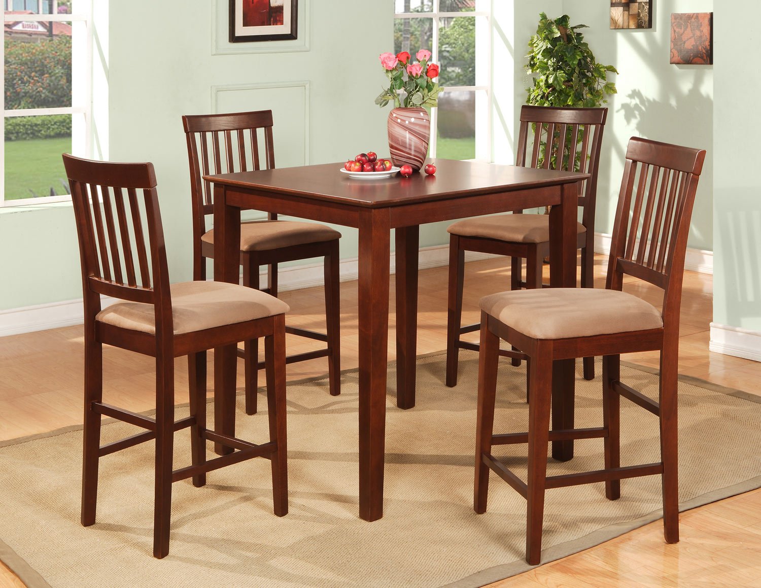 5-Piece Vernon Square Pub Table Set with 4 stools- in Mahogany Finish. SKU: VN5-MAH