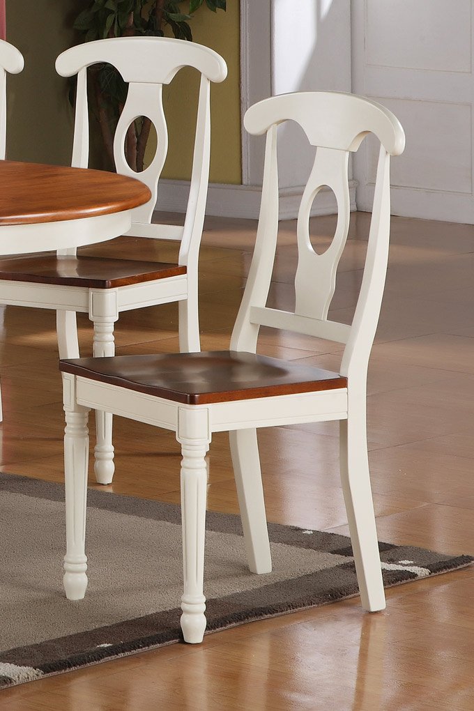 Set of 2 Napoleon styled back dining room chairs with wood seat in Cherry & Buttermilk finish.