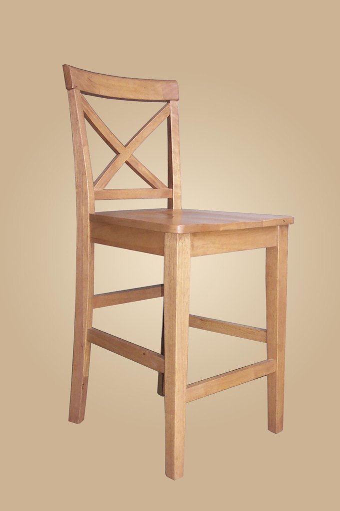 Set of 2 Pub counter height stools with wood or upholstered seat in oak finish.