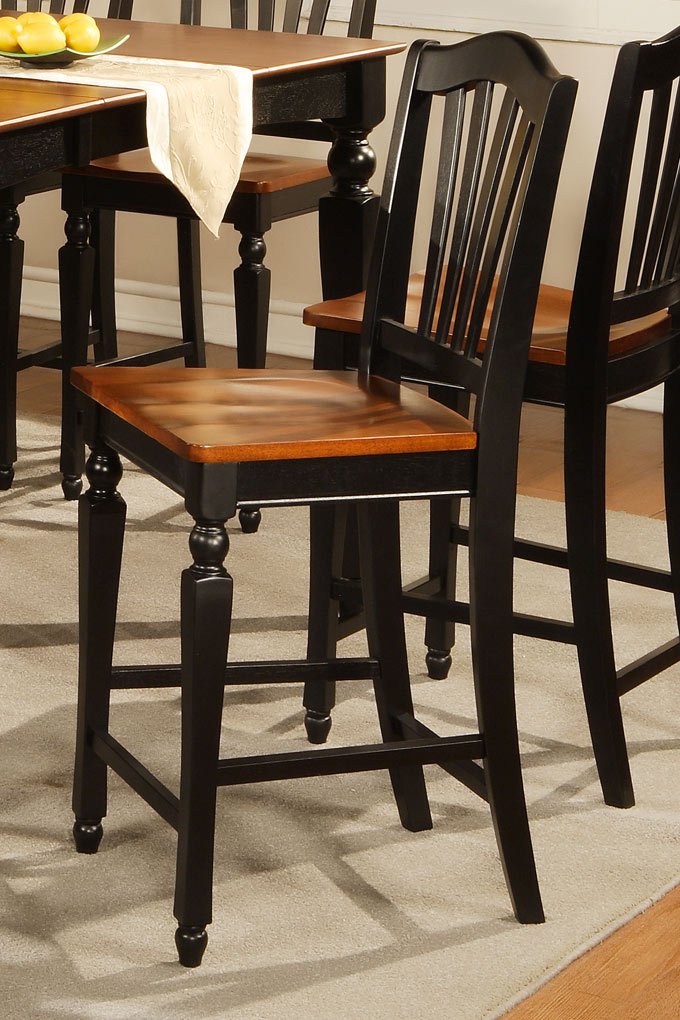 Set of 2 Chelsea counter height stools with wood or upholstered seat in Black & Brownfinish.