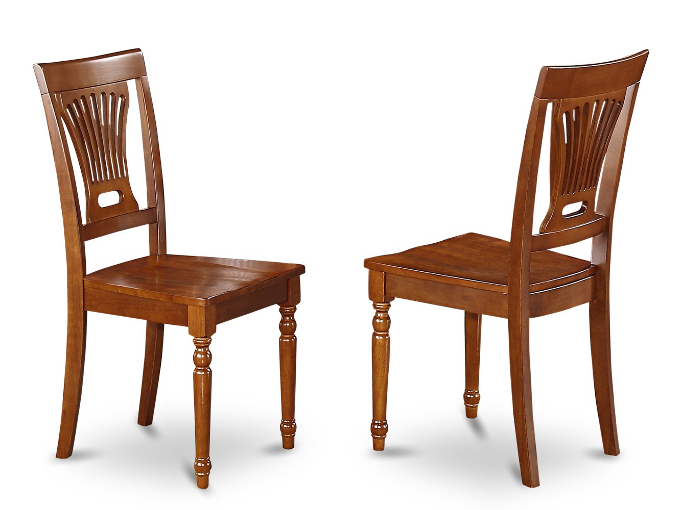 Set of 2 Plainville dining room chairs with wood seat in Saddle Brown finish.