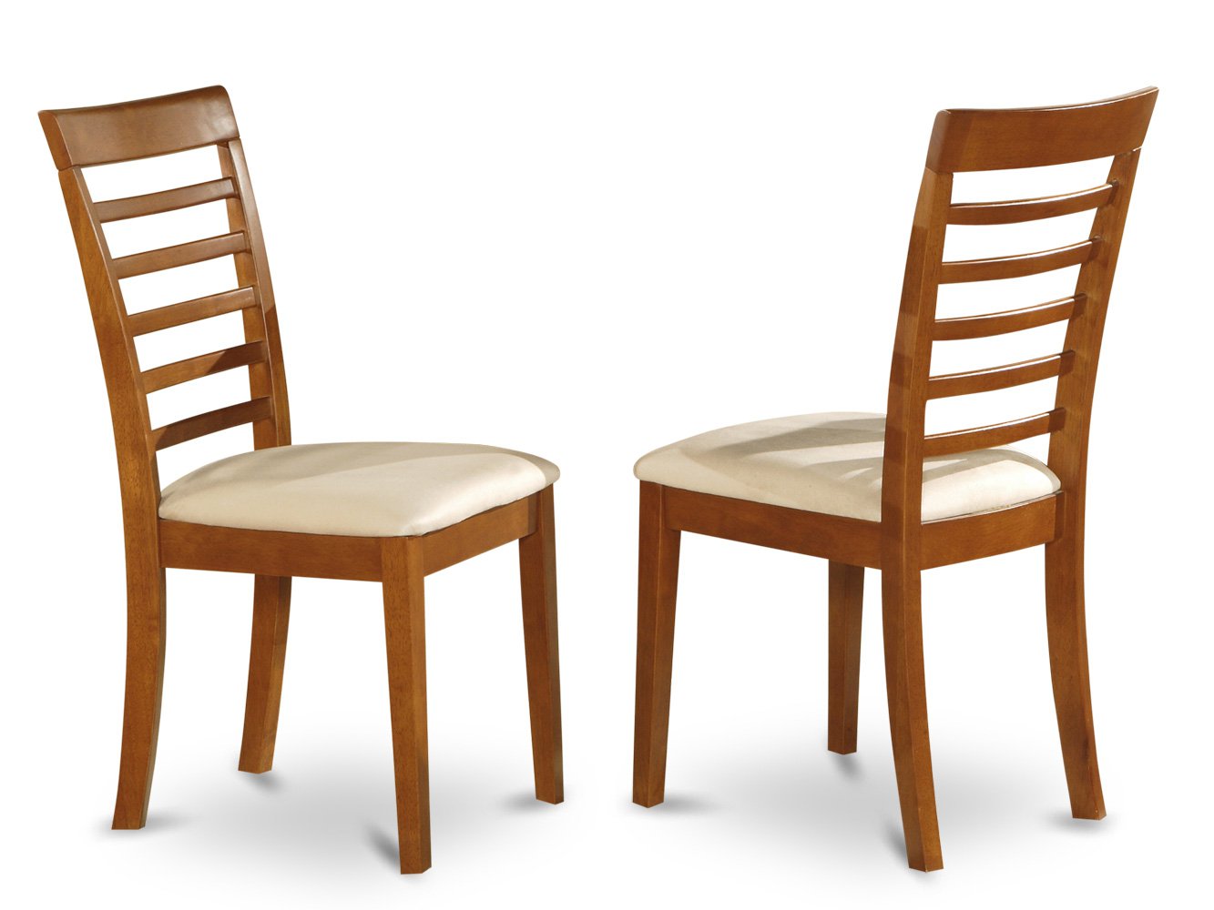 Set of 2 Milan Ladder slat back dining room chairs with seat in Mahogany finish.