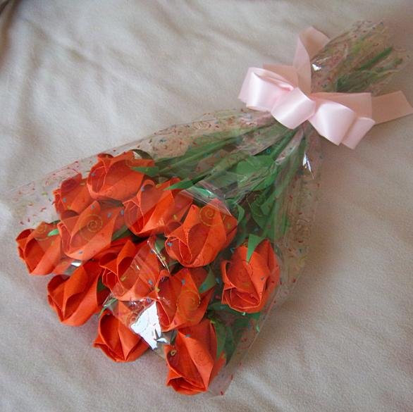 Origami Paper Rose Bud Bouquet Orange Gift Crafts