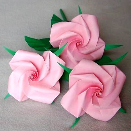 3 Origami Rose Long Stem Pink Paper Fold Craft Handmade Gift