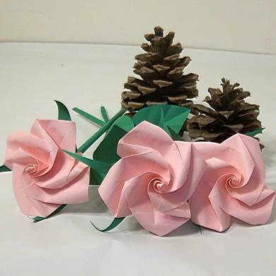 3 Pink Origami Rose Short Stems Paper Folded Craft Handmade Gift