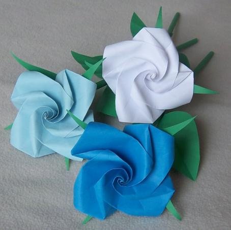 3 Origami Rose Long Stems Paper Fold Craft Handmade Gift Blue