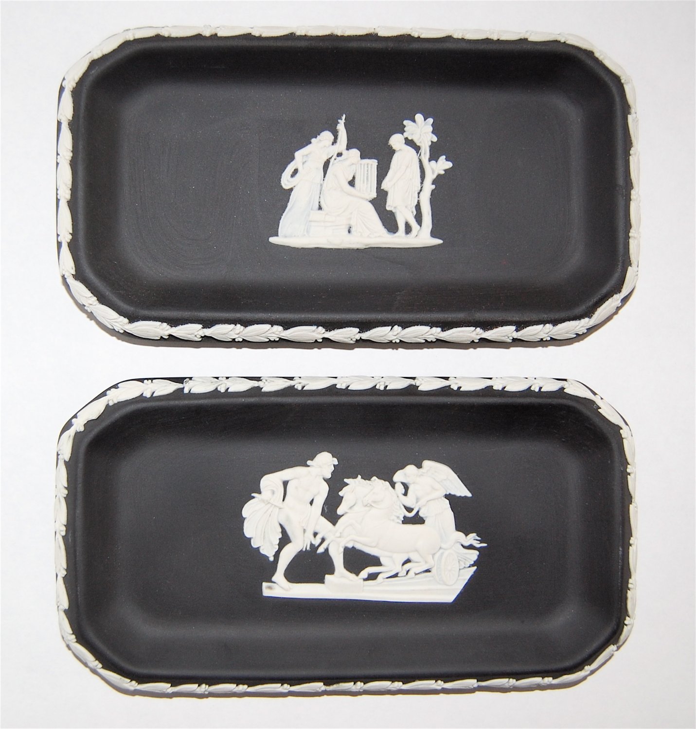 2 WEDGWOOD Black Jasperware Oblong / Rectangular Candy Dishes / Sweet Trays c.1976 with Boxes