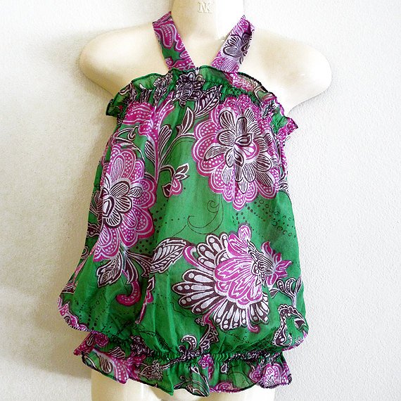 Funky colourful toddler childrens clothing. 3 to 4 years. Adjustable size. Green summer halter top.