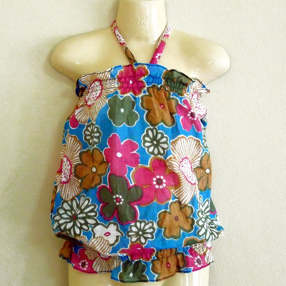 Funky toddler childrens clothing. 2 + yrs. Adjustable size. Blue pink flower summer halter top.