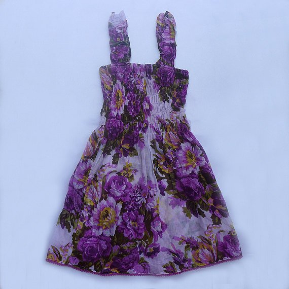 Funky purple flower summer sun dress. Adjustable size. Colorful toddler girls children's clothing.