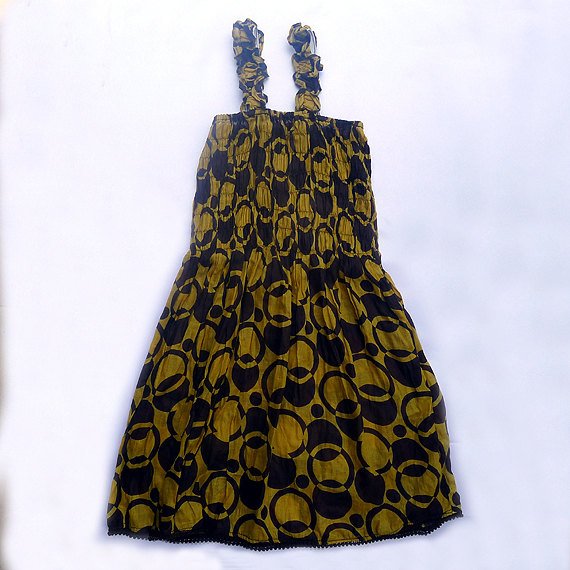 Funky yellow & brown summer sun dress. Colorful toddler girls children's clothing. Adjustable size.