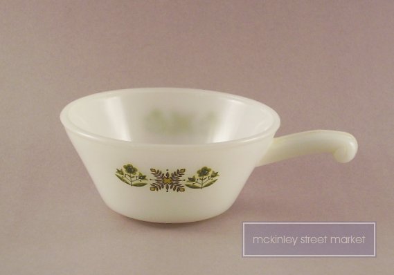 VINTAGE FIRE KING HANDLED BOWL GREEN PRINT