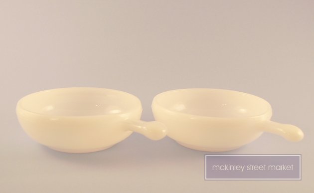 PAIR OF WHITE GLASBAKE HANDLED BOWLS
