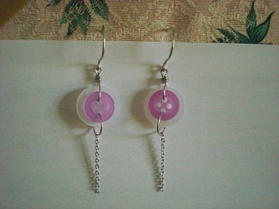 Handmade White Purple Button Earrings With Dangling Chain