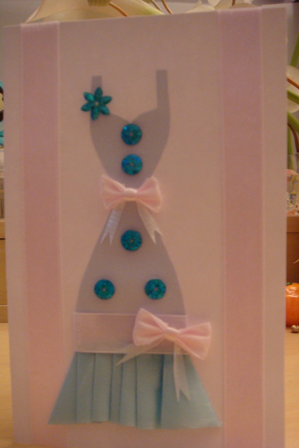 Blue Lady w. Sequins Pink Bow Dress Greeting Card