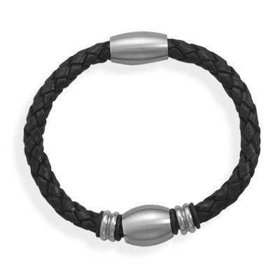 Black Leather Bracelet Stainless Steel Beads