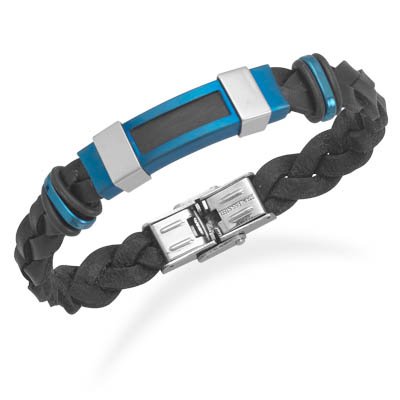 Black Leather Blue Stainless Steel