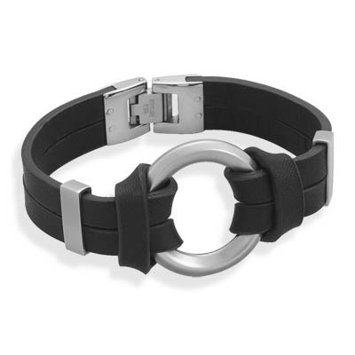 Black Leather Bracelet with Center Circle Design