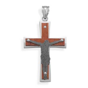 Wood and Stainless Steel Crucifix Pendant