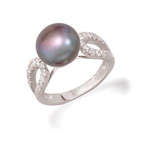 Grey Cultured Freshwater Pearl and CZ Ring