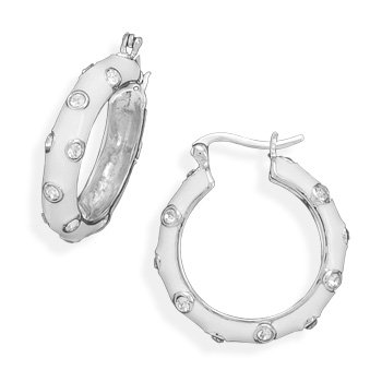 White Enamel and CZ Hoop Earrings