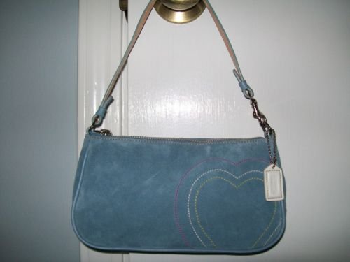 COACH Suede Demi Purse - Baby Blue with Embroidered Hearts