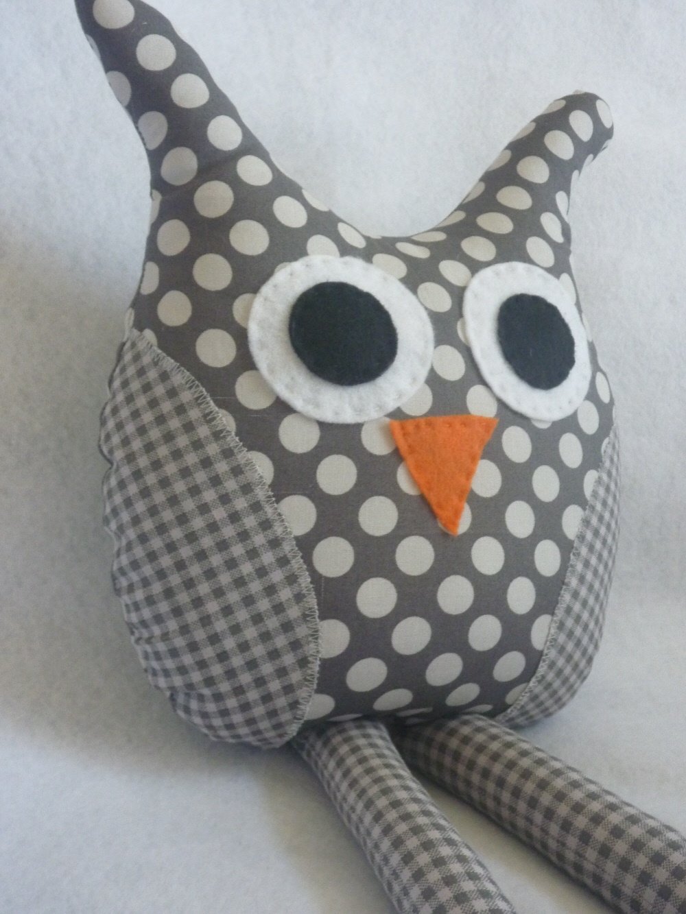 Owl Pillow with Rag Doll Legs in Grey Polka Dots