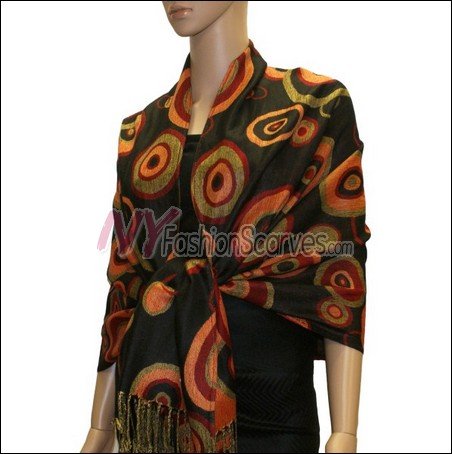 Multi Colored Circle Pashmina <br>Black w/ Red
